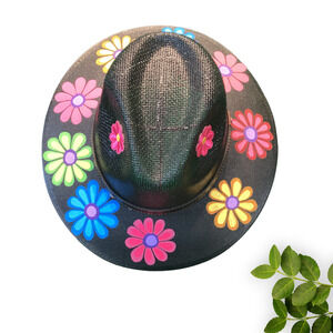 Colorful Flowers Mexican Artisanal Hand‎ Painted Rancher Panama Fedora Hat